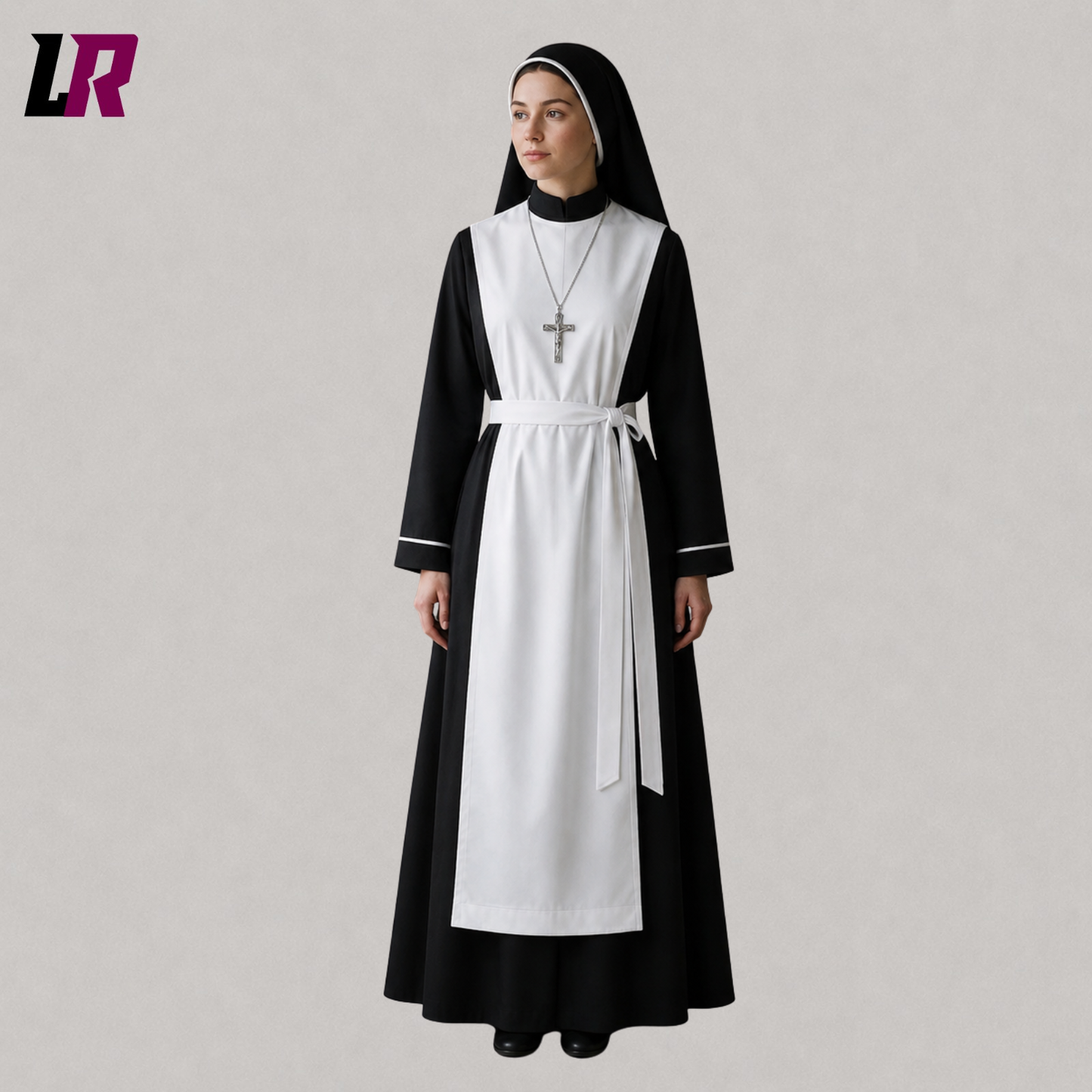 Front view of a women's black and white nun-inspired full-length habit dress with matching headpiece