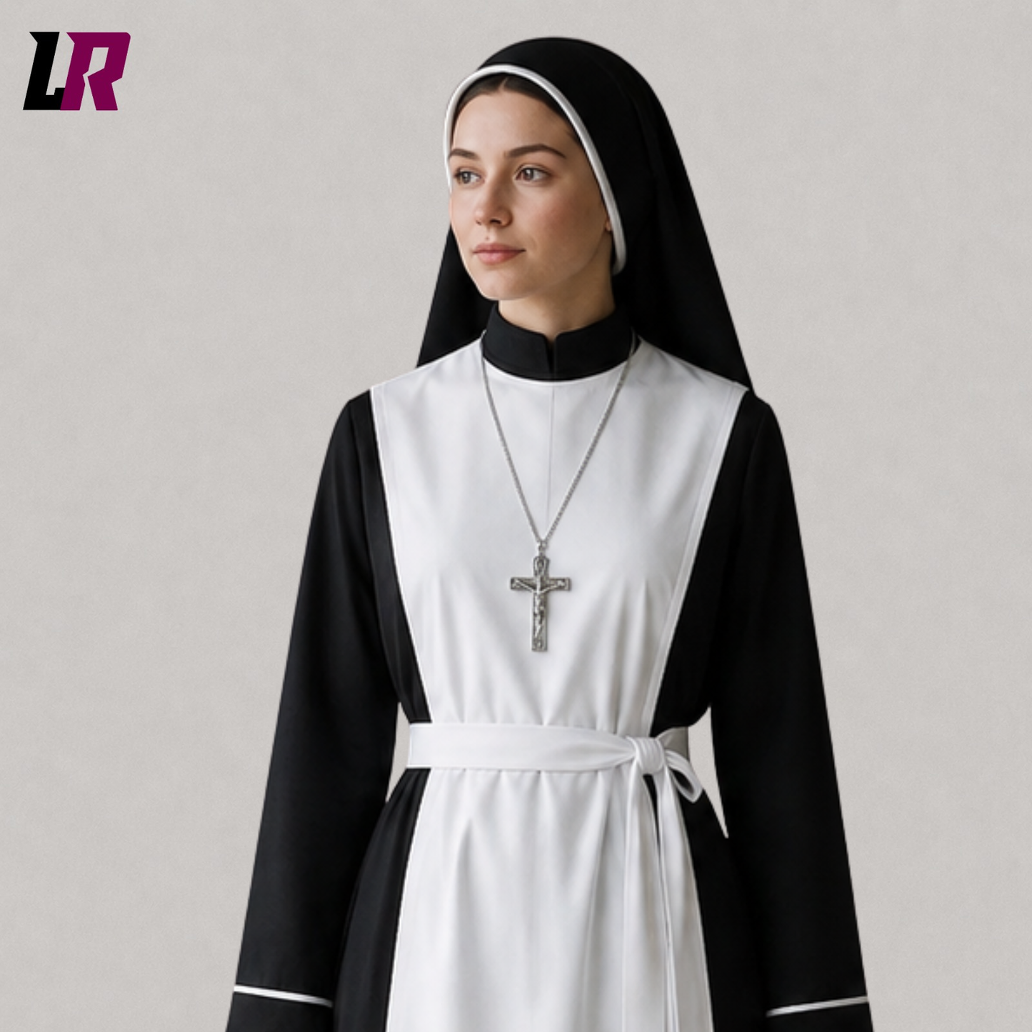 Close-up of a traditional black and white nun-inspired habit dress featuring premium tailoring and matching headpiece