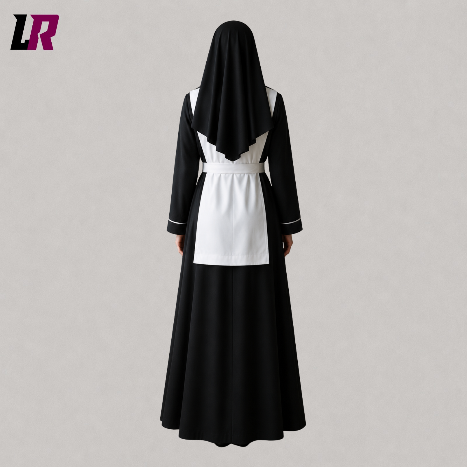 Back view of a traditional black and white sister robe showing the elegant flowing silhouette
