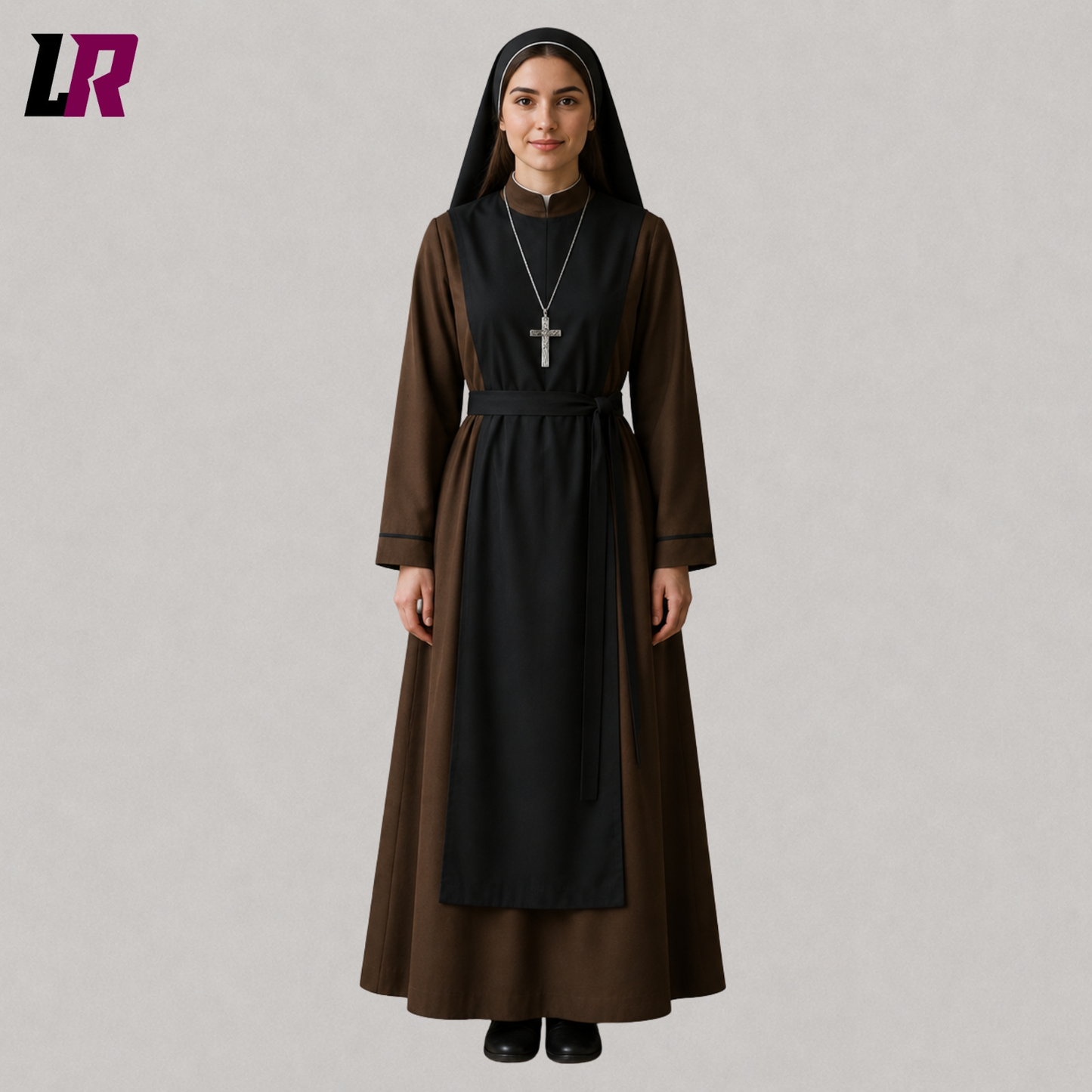 Front view of a full-length Catholic nun habit with a modest traditional religious silhouette