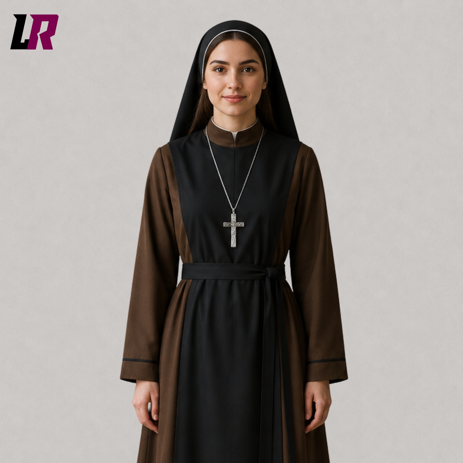Close-up of a Catholic nun habit featuring premium tailoring and a traditional full-length religious robe design