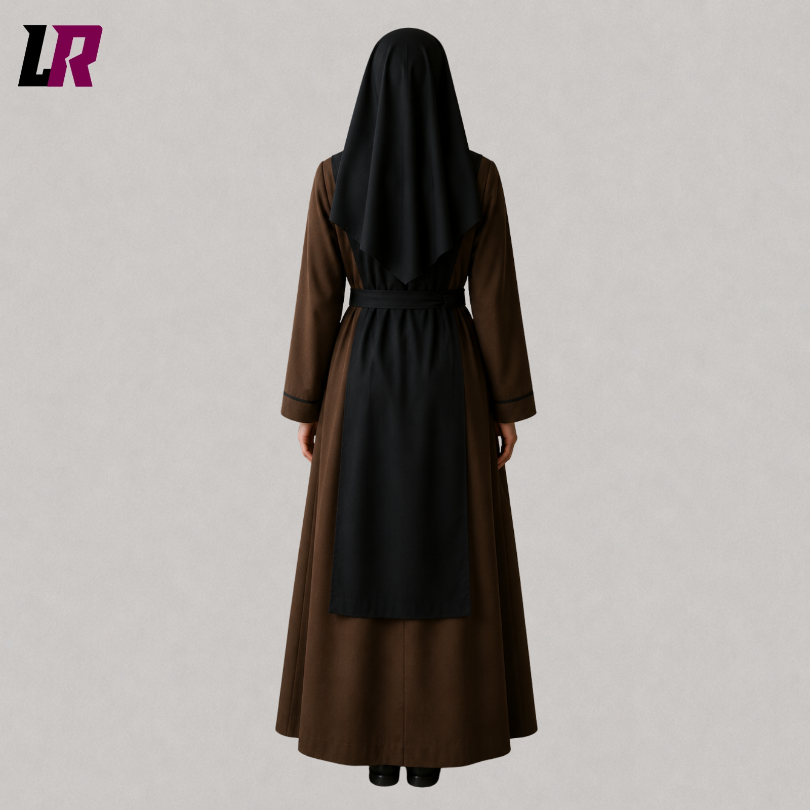 Back view of a traditional Catholic religious habit showing the elegant full-length tailored design