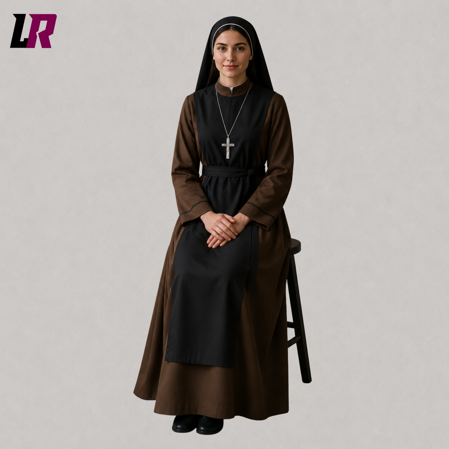 Woman sitting on a stool wearing a full-length Catholic nun habit for religious ceremonies and historical presentations