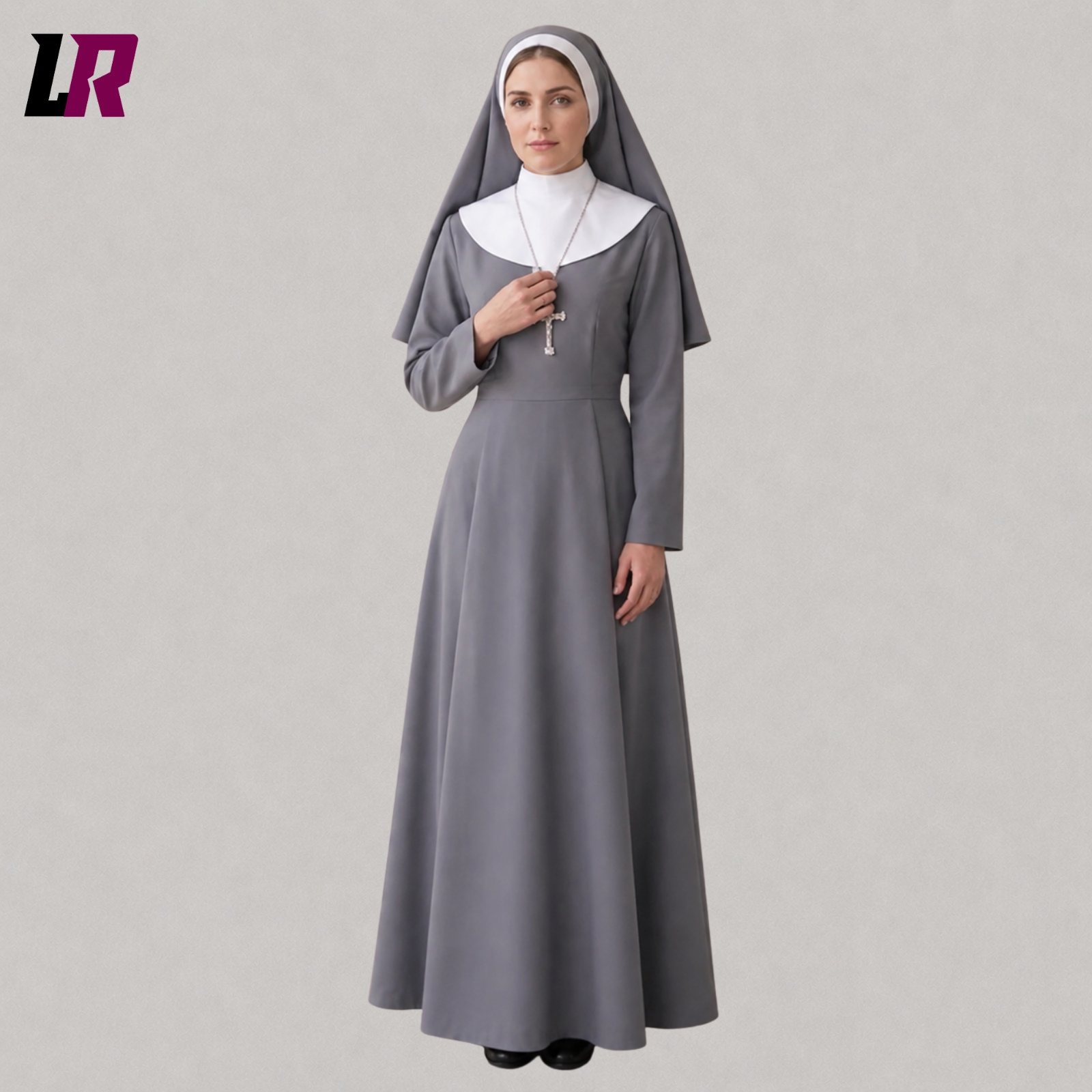 Front view of a women's full-length Catholic nun habit dress with long sleeves and a modest religious silhouette