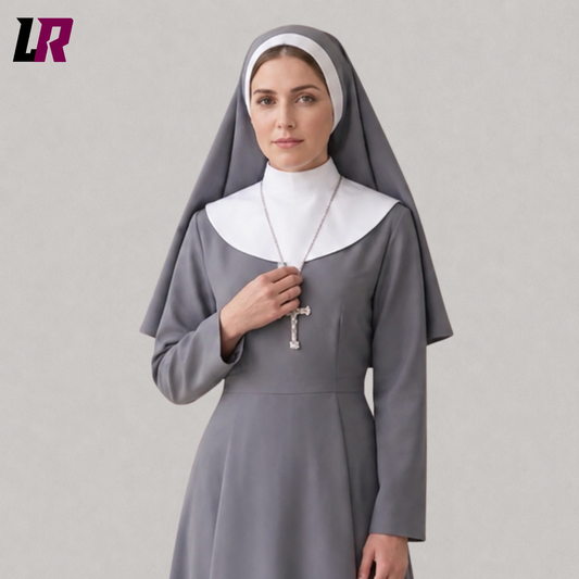Close-up of a Catholic nun habit dress featuring premium tailoring, long sleeves, and a traditional full-length design