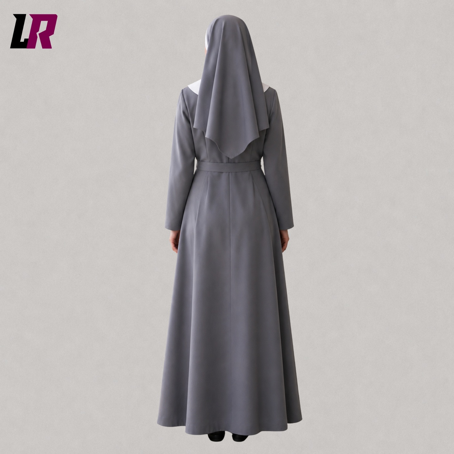 Back view of a traditional Catholic nun habit dress showing the elegant full-length tailored design