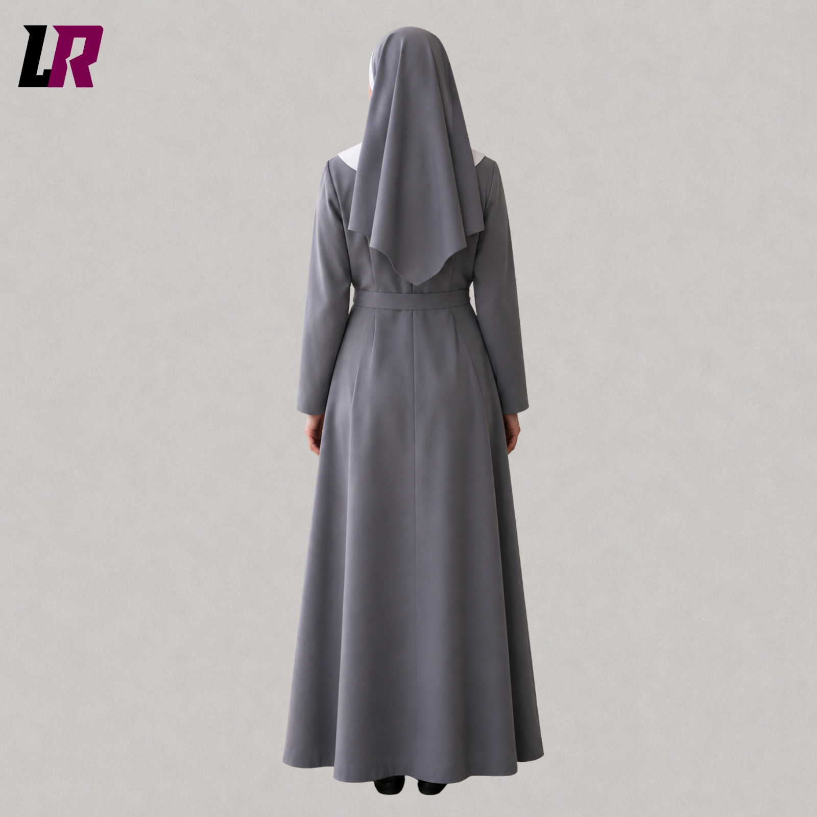 Back view of a traditional Catholic nun habit dress showing the elegant full-length tailored design
