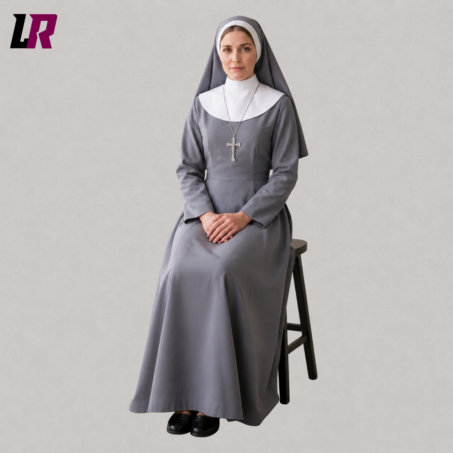 Woman sitting on a stool wearing a custom full-length Catholic nun habit dress with long sleeves