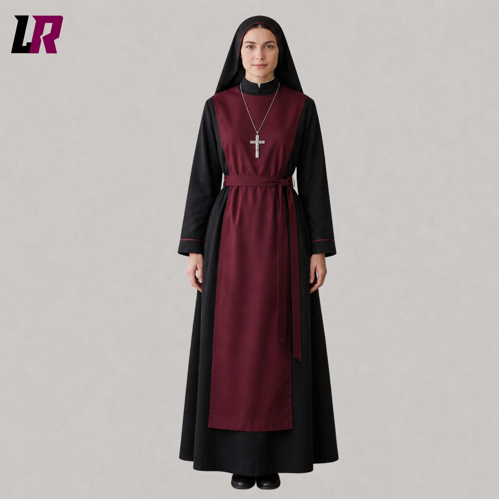 Front view of a women's burgundy and black full-length religious-inspired habit dress with a modest silhouette