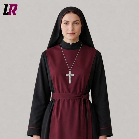 Close-up of a burgundy and black nun habit-inspired dress featuring premium tailoring and elegant craftsmanship