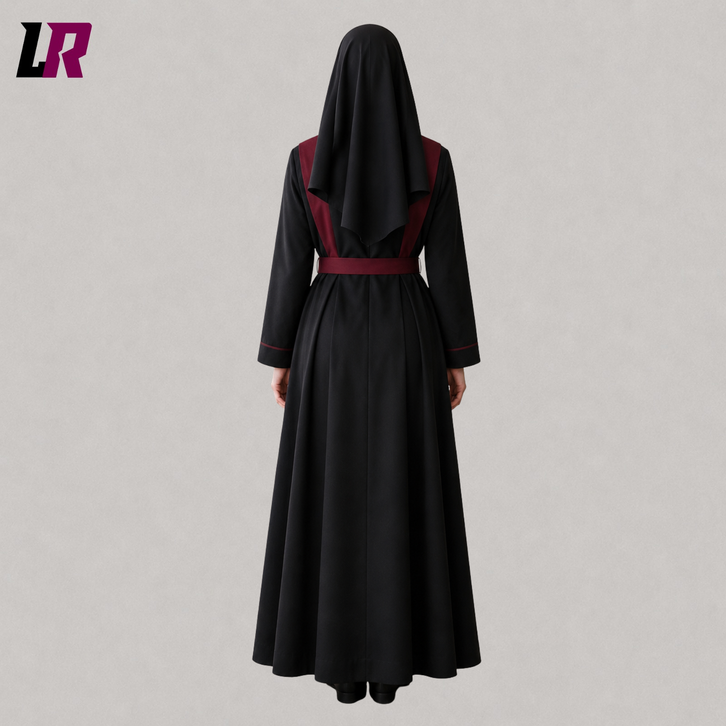 Back view of a burgundy and black full-length habit-inspired robe showing the elegant tailored design