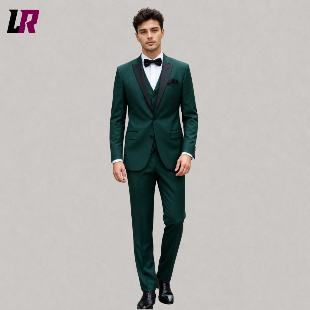 Front view of a men's dark green 3-piece tuxedo suit with black lapel, matching waistcoat, and tailored trousers