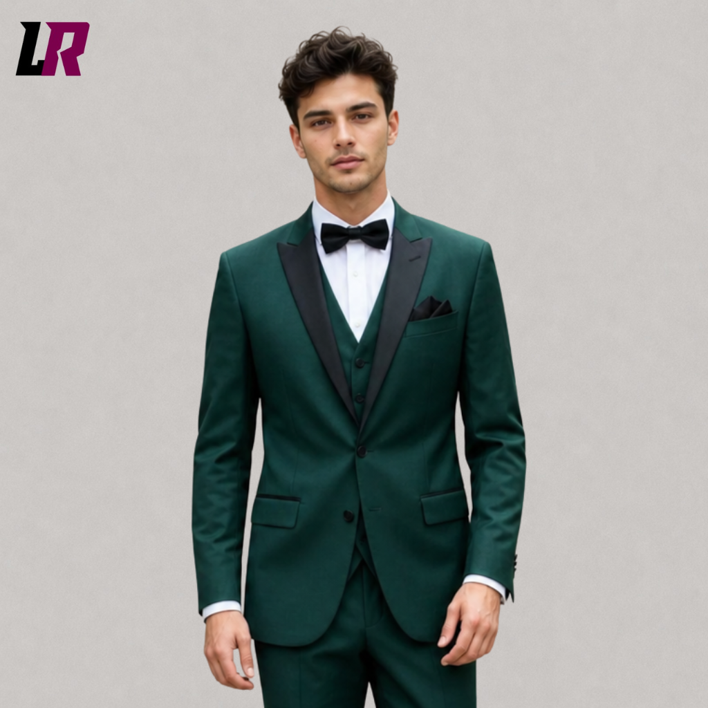 Close-up of a men's dark green tuxedo suit featuring black satin lapels, premium tailoring, and luxury craftsmanship