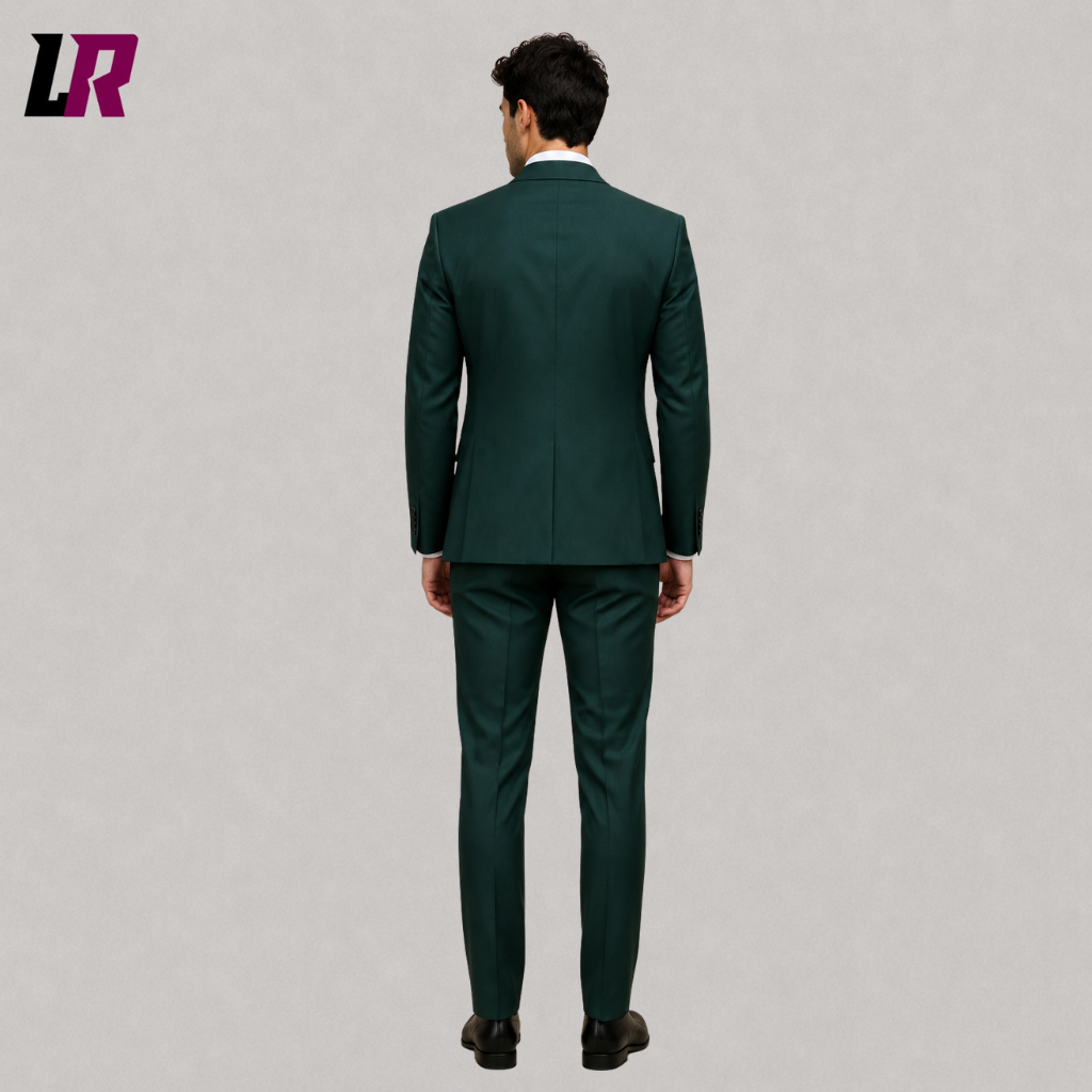 Back view of a men's dark green formal tuxedo suit showing the elegant tailored silhouette