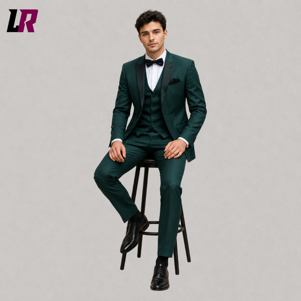 Man sitting on a stool wearing a dark green 3-piece tuxedo suit with black lapels for weddings and formal events