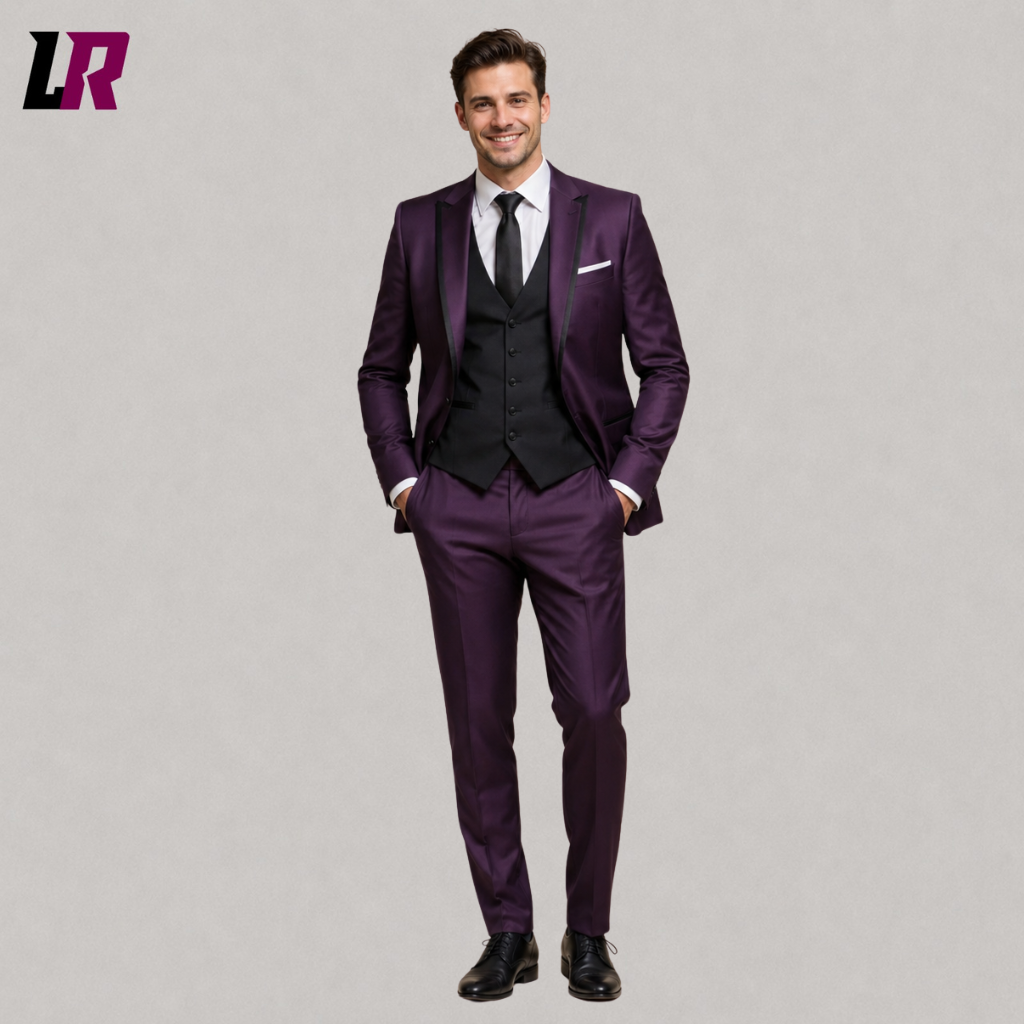 Front view of a men's purple slim-fit 3-piece suit with matching waistcoat and tailored trousers