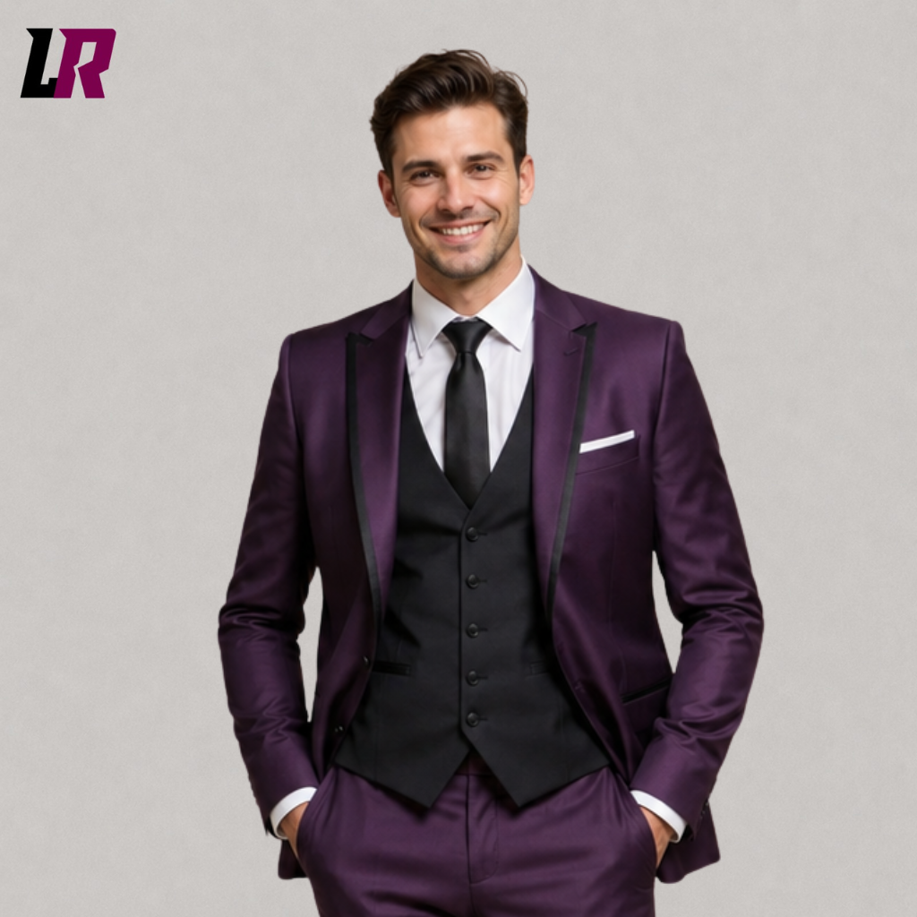 Close-up of a men's purple 3-piece suit featuring premium tailoring, elegant lapels, and luxury craftsmanship