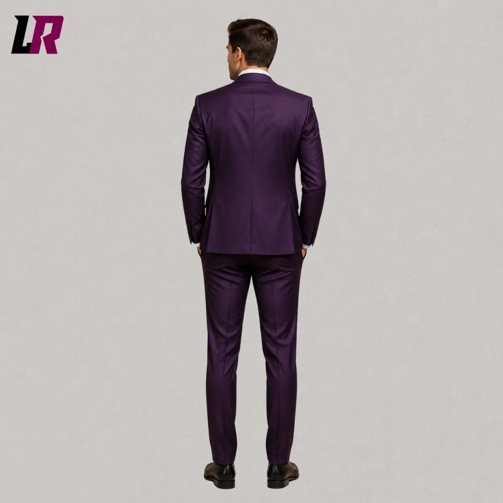 Back view of a men's purple formal suit showing the elegant tailored silhouette