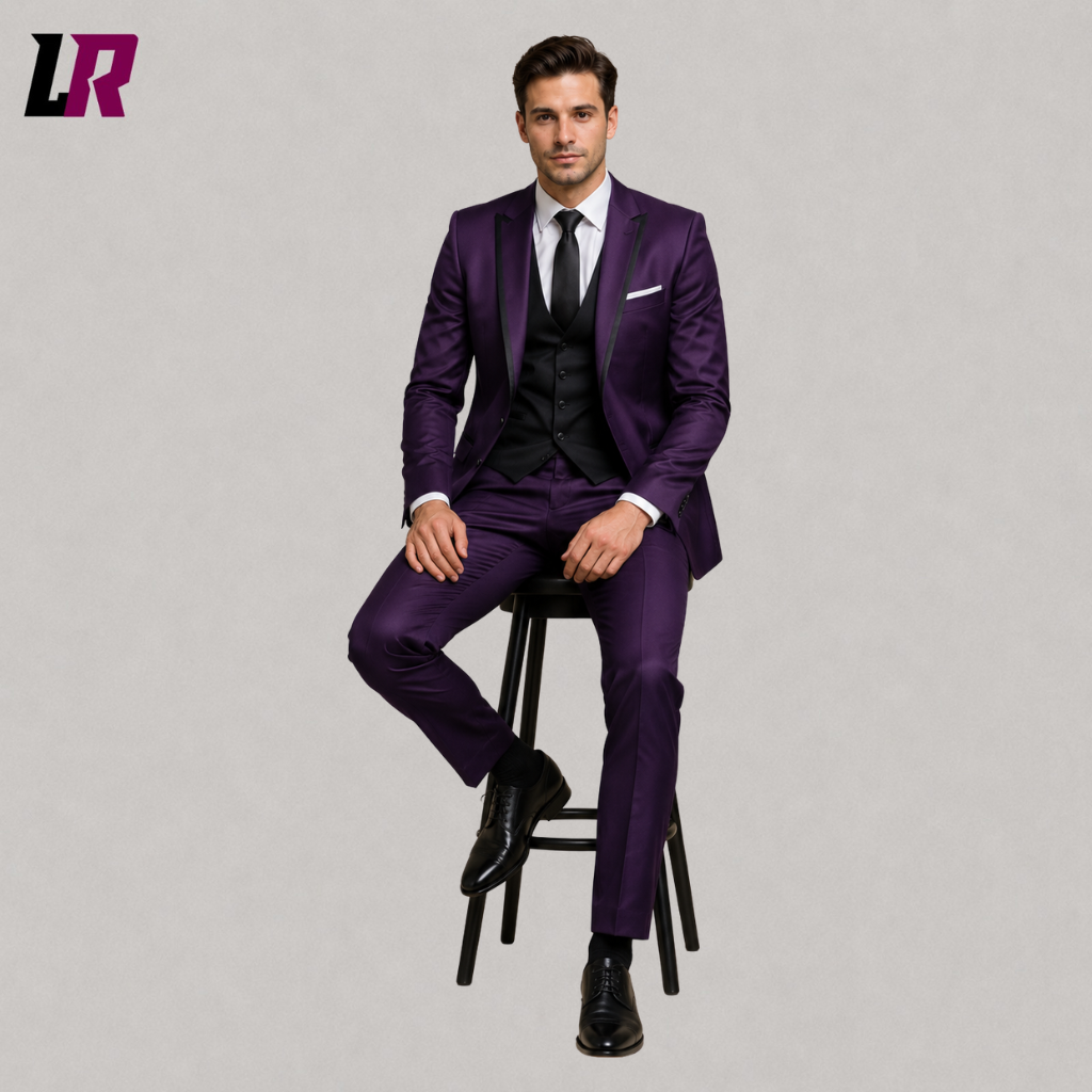 Man sitting on a stool wearing a purple 3-piece wedding suit for formal occasions and special events