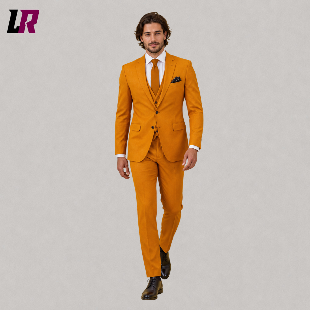 Front view of a men's mustard 3-piece formal suit with matching waistcoat and tailored trousers