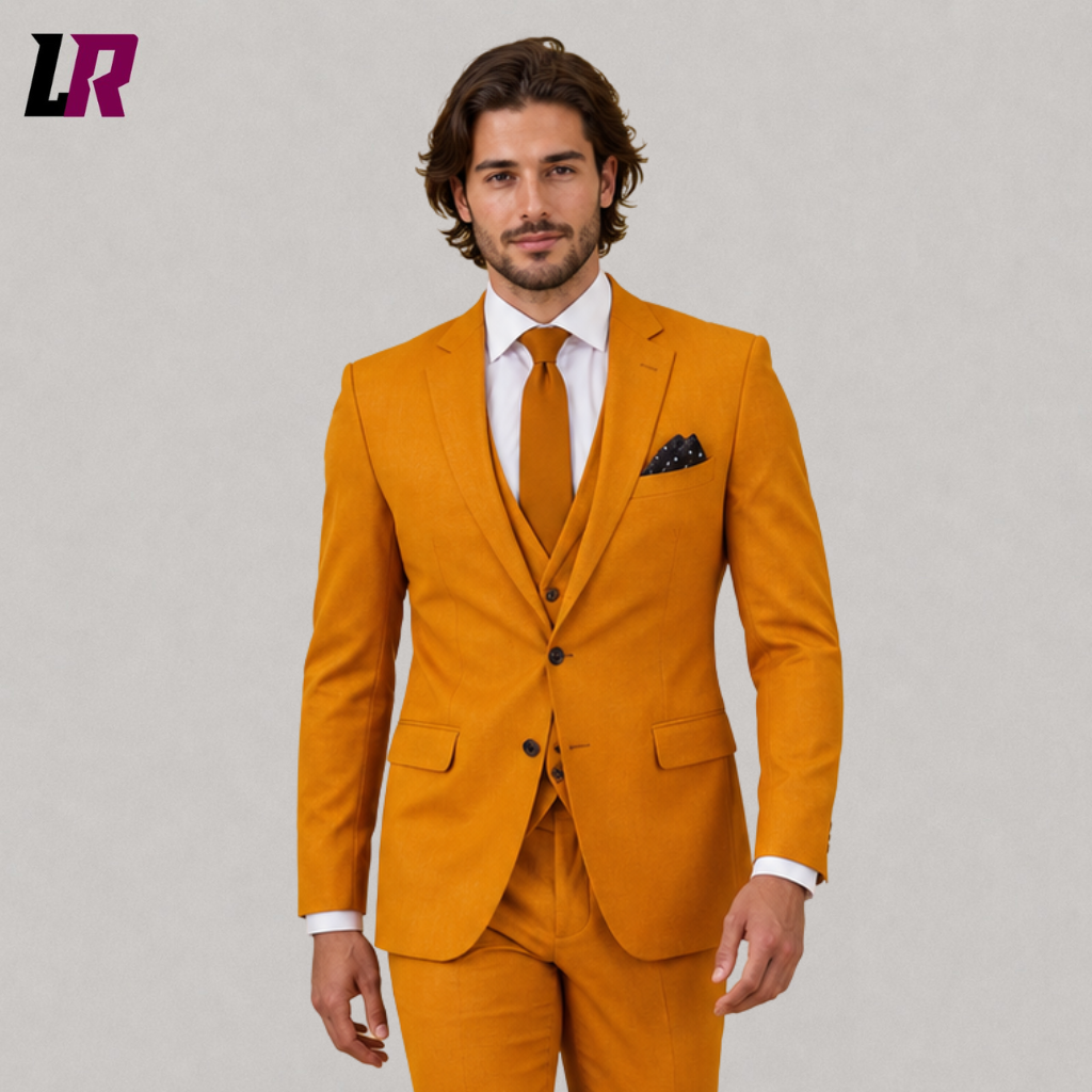 Close-up of a men's mustard 3-piece suit featuring premium tailoring, elegant lapels, and luxury craftsmanship