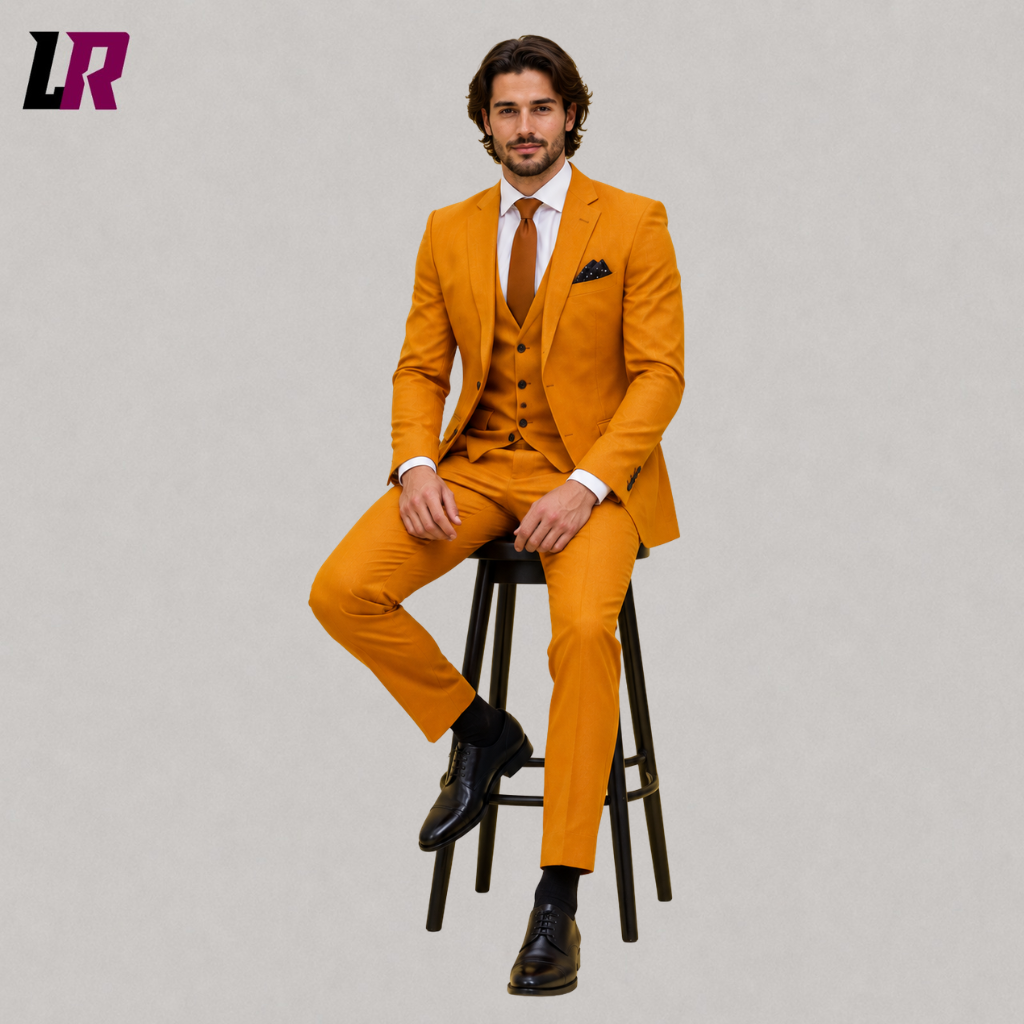 Man sitting on a stool wearing a mustard 3-piece groom suit for weddings, business events, and formal occasions