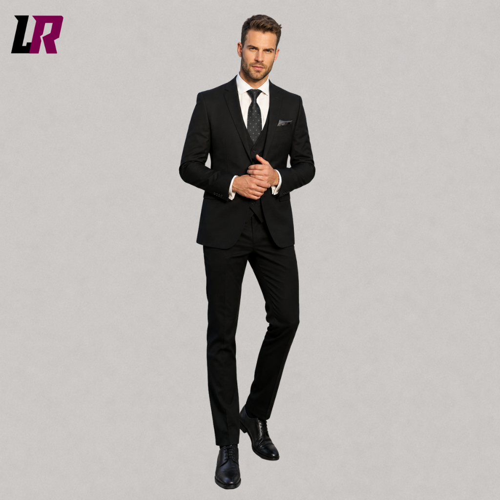 Front view of a men's black 3-piece formal suit with matching waistcoat and tailored trousers