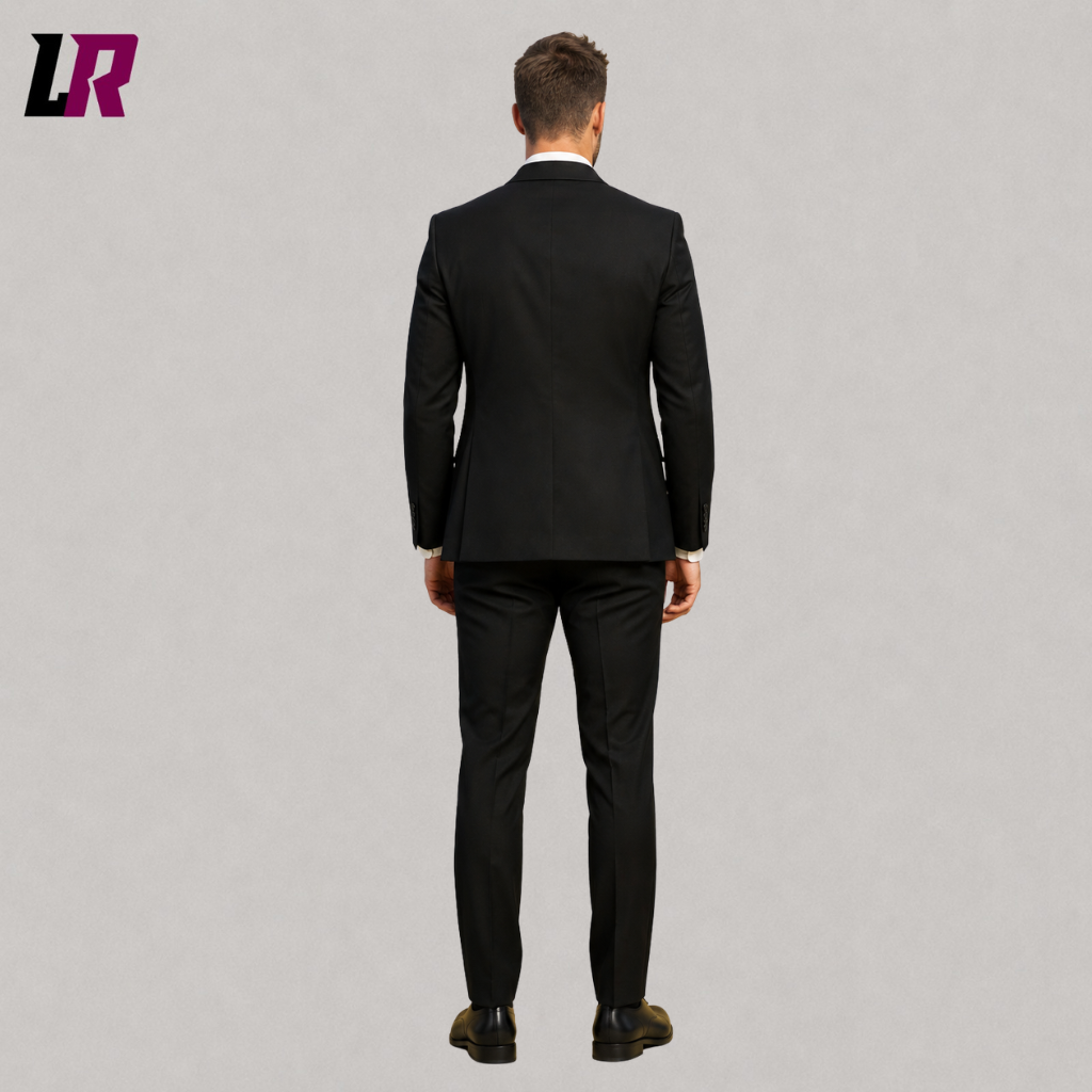 Back view of a custom black groom suit showing the elegant tailored silhouette