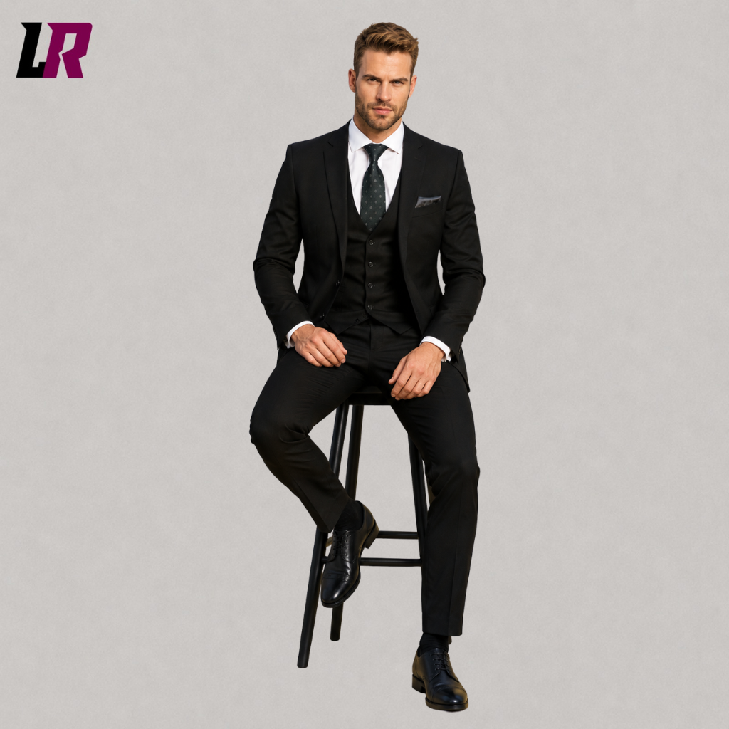 Man sitting on a stool wearing a custom black 3-piece wedding suit for weddings and formal occasions