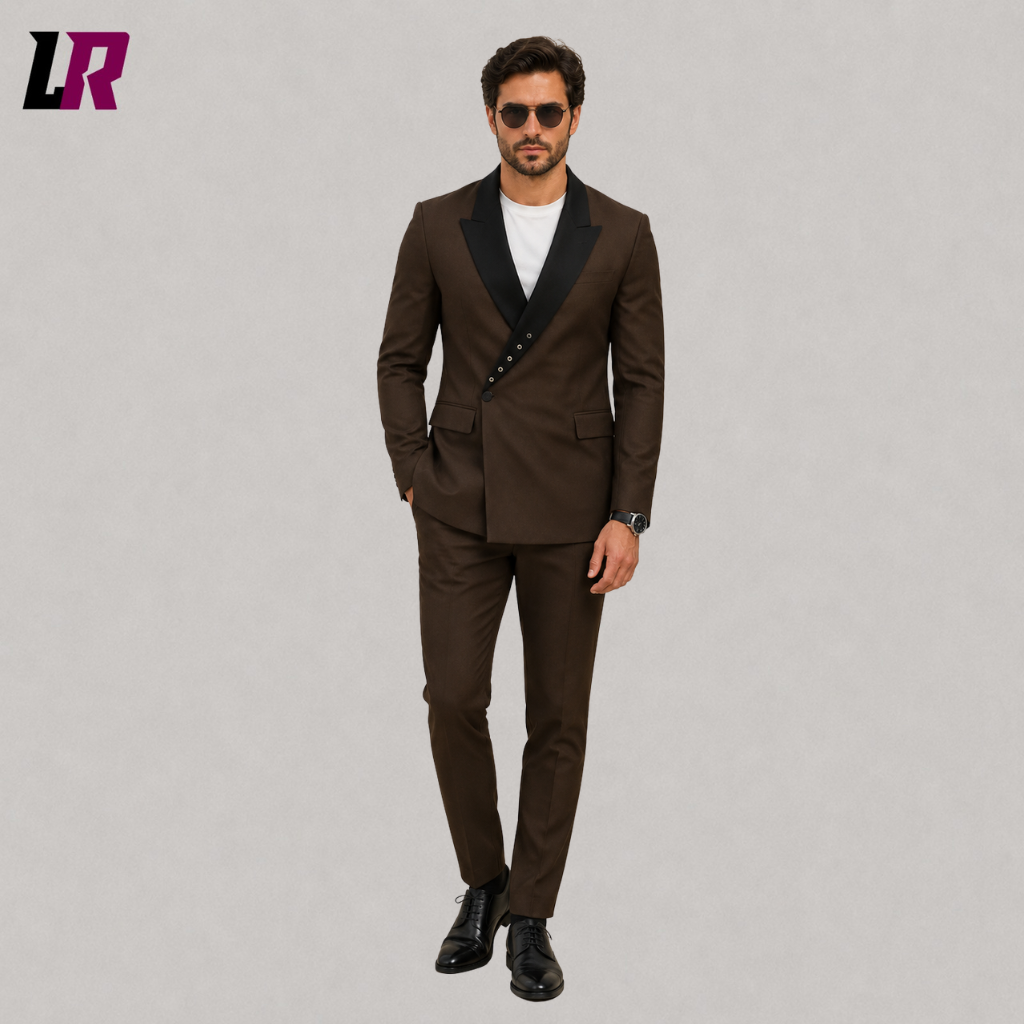 Front view of a men's brown double-breasted 3-piece suit with matching waistcoat and tailored trousers