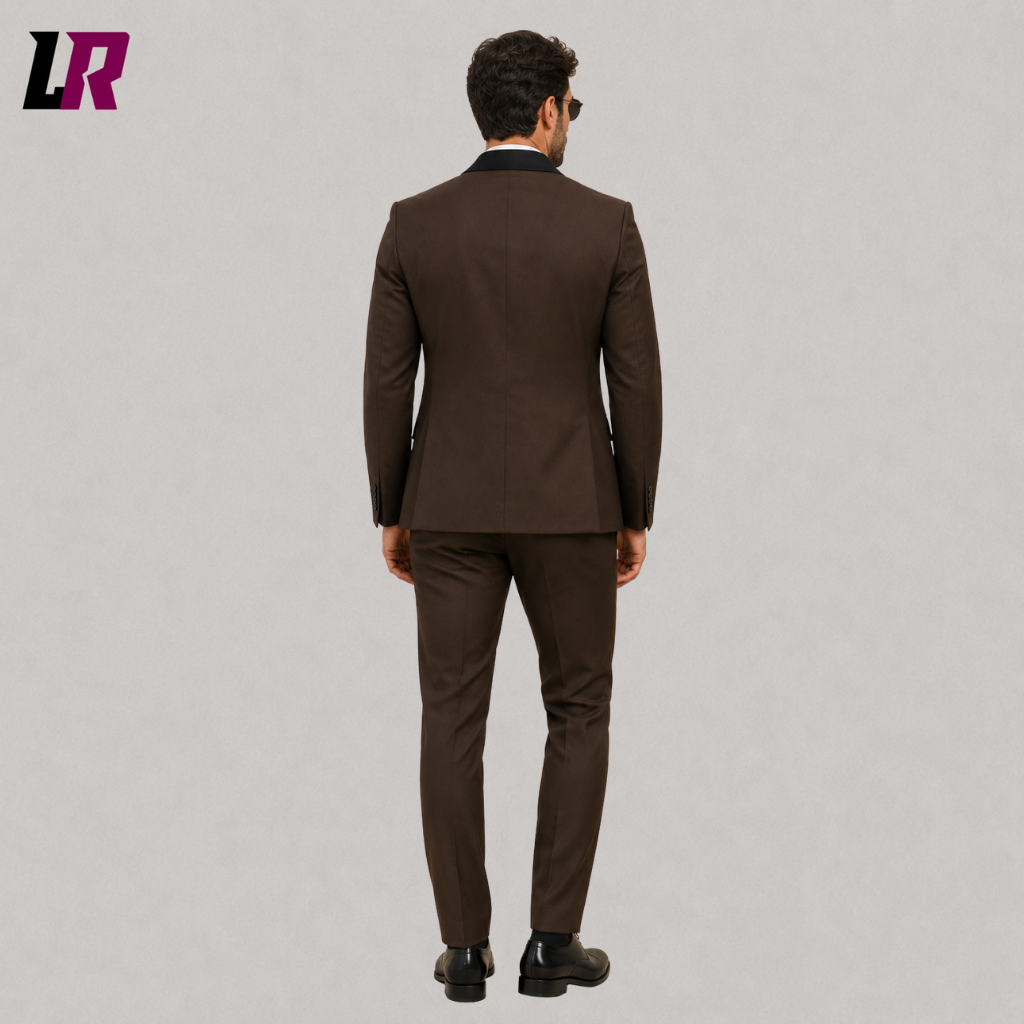 Back view of a men's chocolate brown wedding suit showing the elegant tailored silhouette