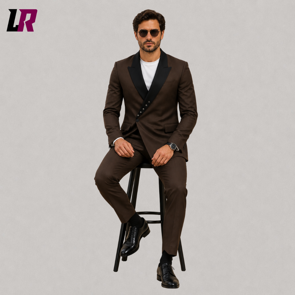 Man sitting on a stool wearing a chocolate brown double-breasted 3-piece groom suit for weddings and formal events