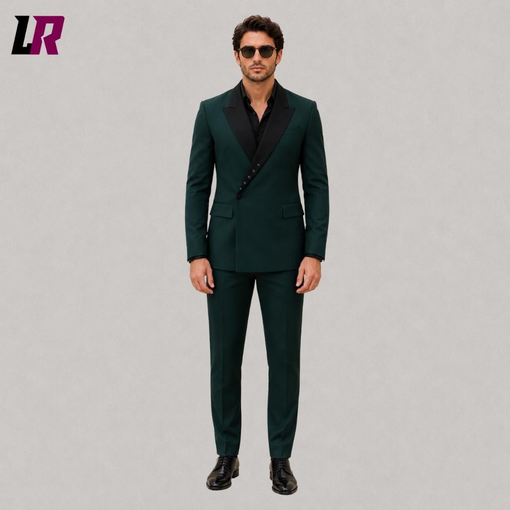Front view of a men's emerald green double-breasted 3-piece suit with matching waistcoat and tailored trousers