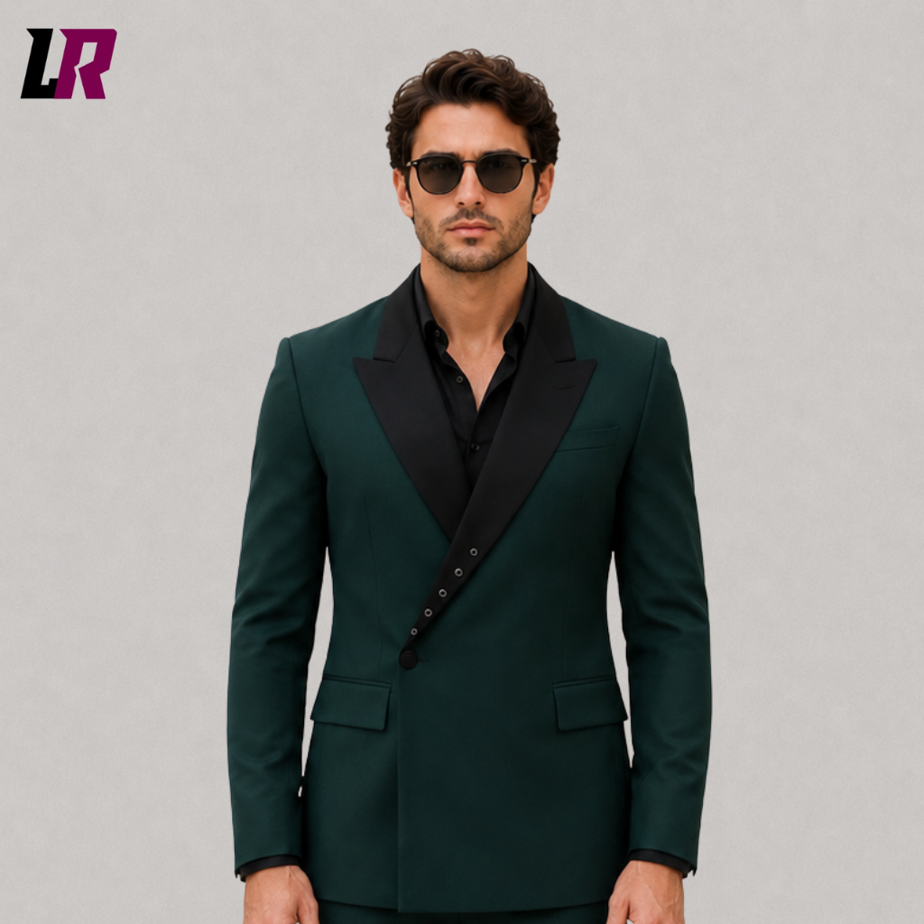 Close-up of a men's emerald green double-breasted suit featuring peak lapels, premium tailoring, and luxury craftsmanship