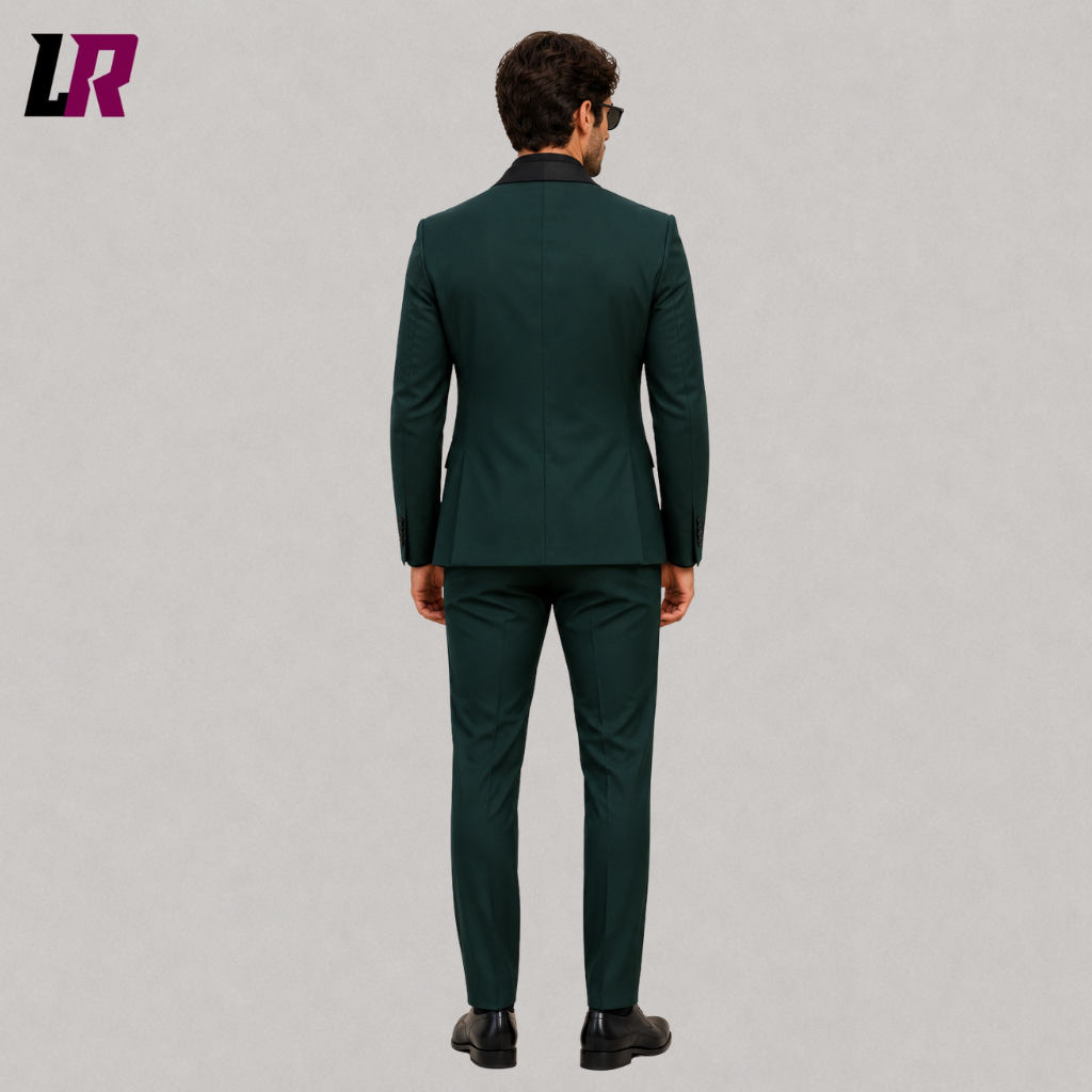 Back view of a men's forest green wedding suit showing the elegant tailored silhouette