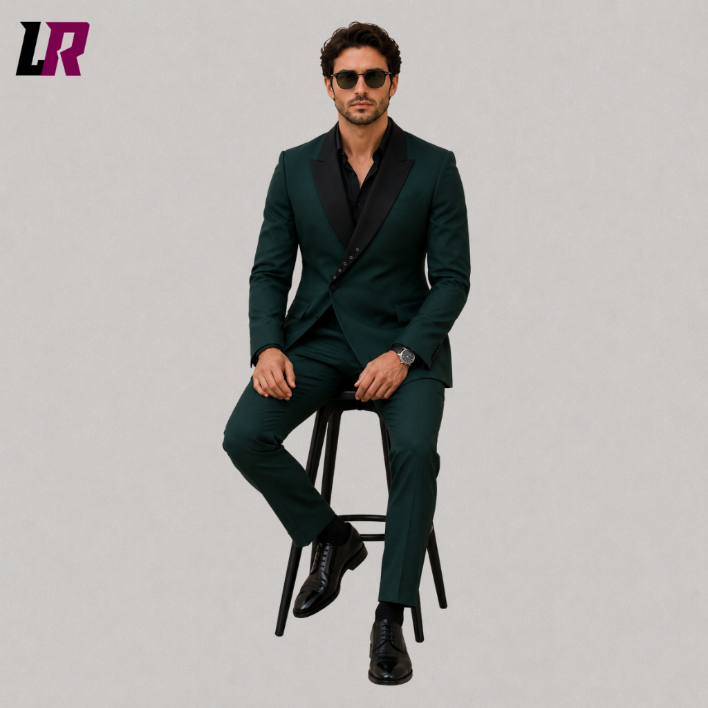 Man sitting on a stool wearing an emerald green double-breasted 3-piece groom suit for weddings and formal events