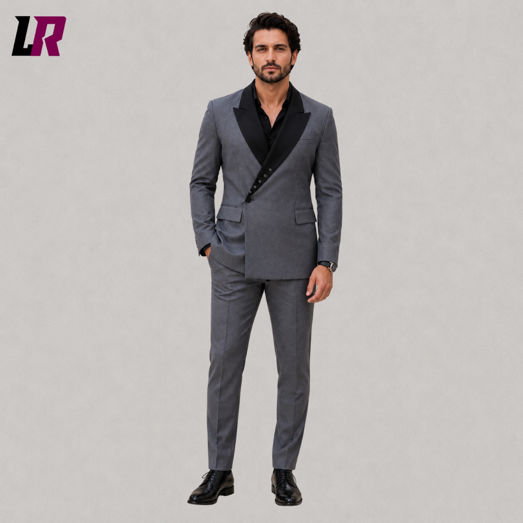 Front view of a men's charcoal gray double-breasted 3-piece suit with matching waistcoat and tailored trousers