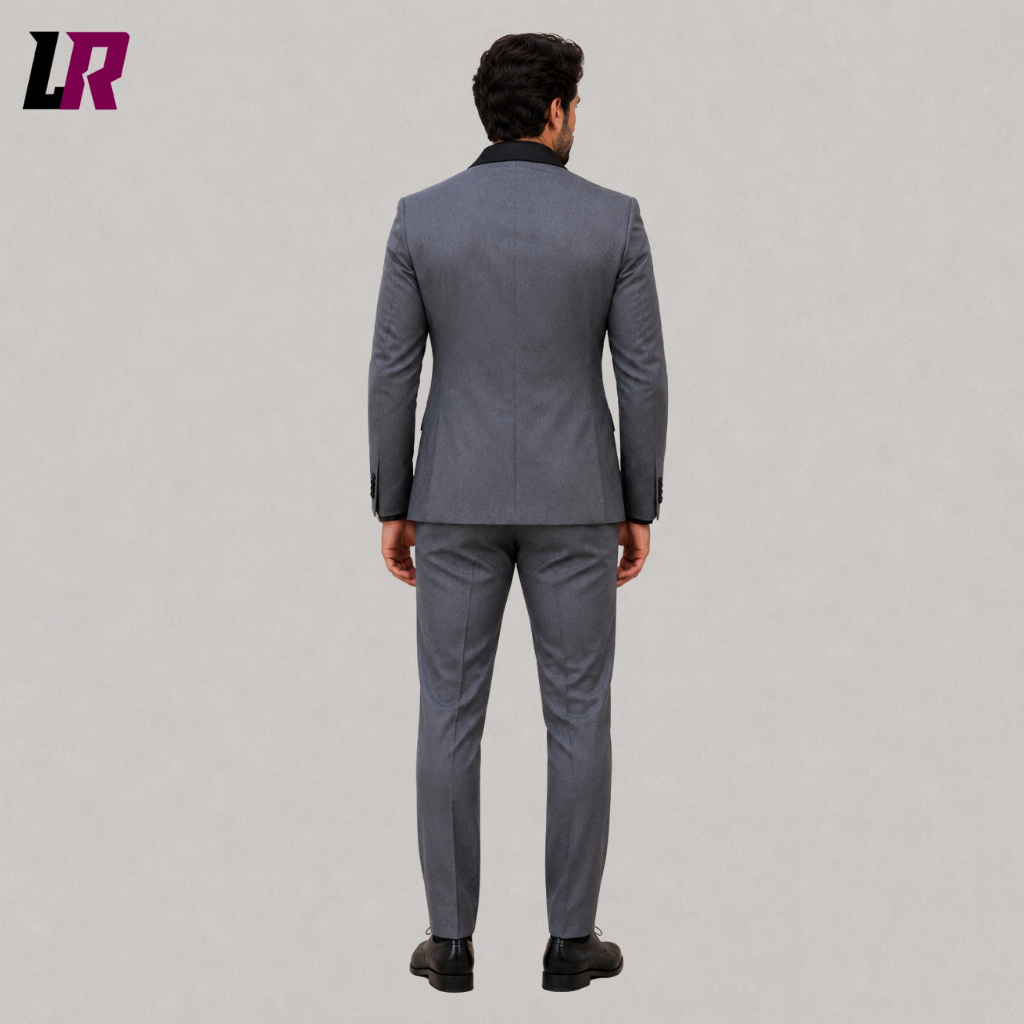 Back view of a men's gray wedding suit showing the elegant slim-fit tailored silhouette
