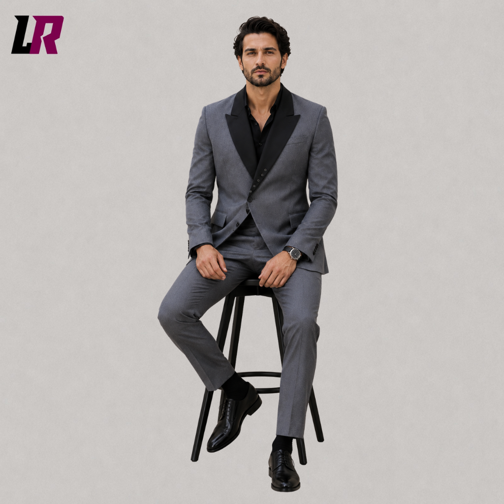 Man sitting on a stool wearing a charcoal gray double-breasted 3-piece groom suit for weddings and formal occasions