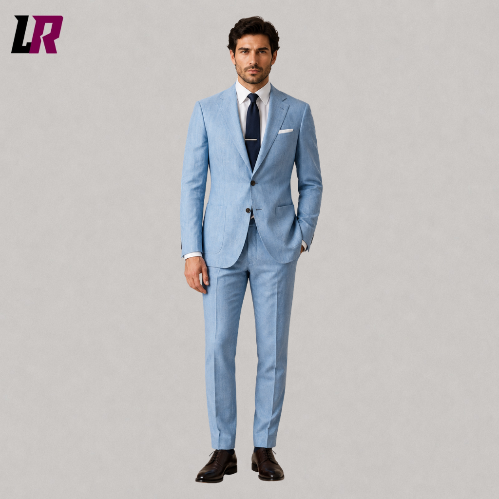 Front view of a men's sky blue 2-piece linen suit with tailored jacket and matching trousers