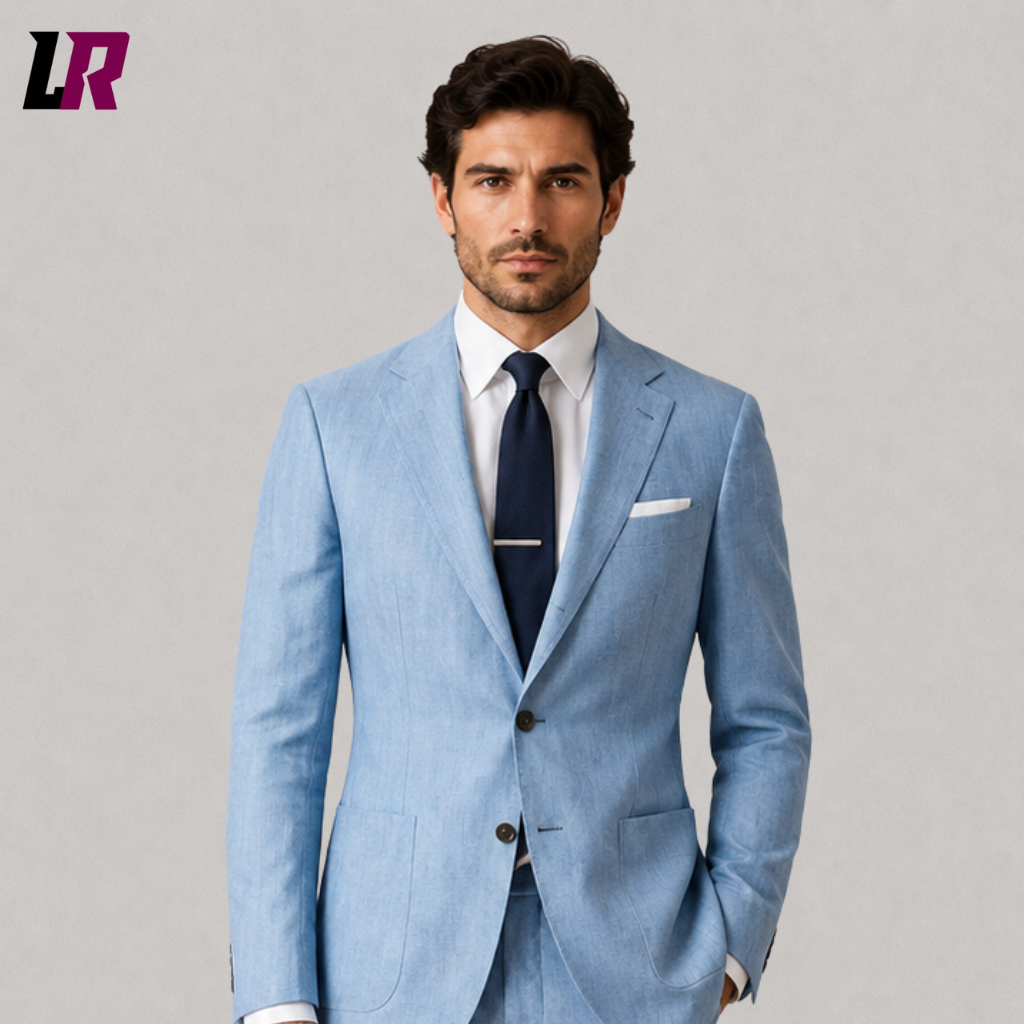 Close-up of a men's sky blue linen suit featuring premium lightweight fabric and expert tailoring