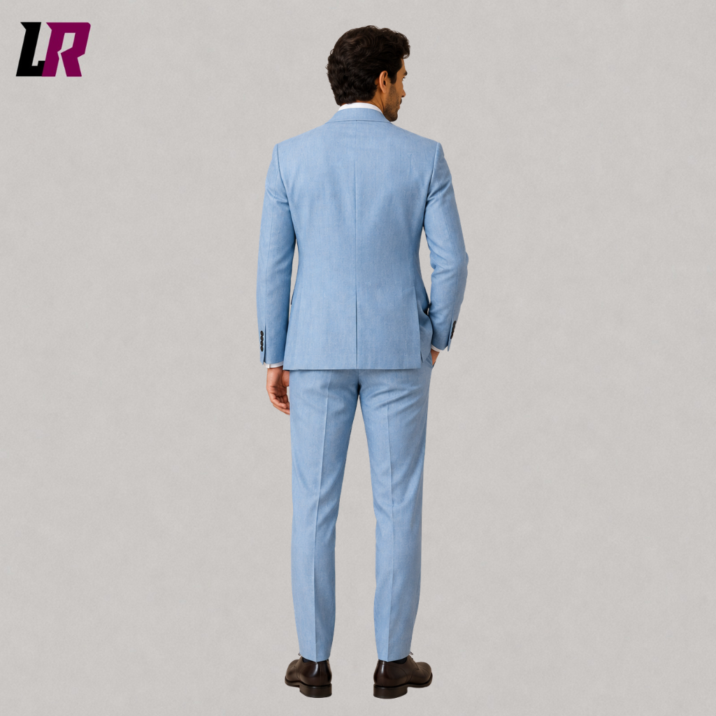 Back view of a men's light blue linen wedding suit showing the elegant tailored silhouette