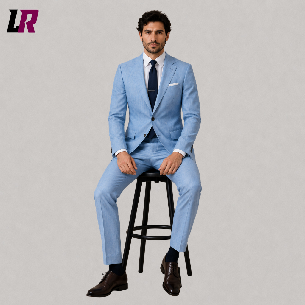 Man sitting on a stool wearing a sky blue linen 2-piece suit for summer weddings and beach ceremonies