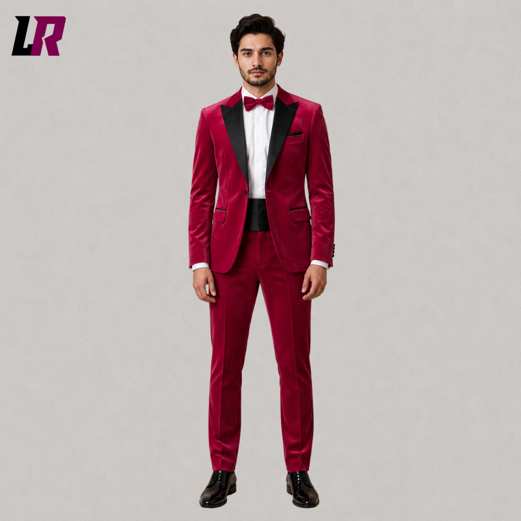 Front view of a men's hot pink velvet tuxedo suit with black satin lapels and slim-fit tailoring
