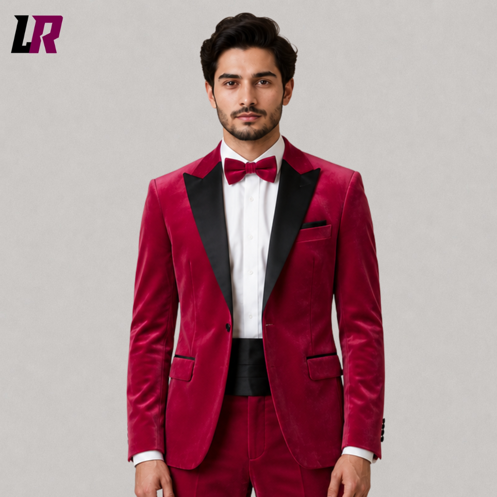 Close-up of a men's hot pink velvet tuxedo featuring black satin lapels, premium tailoring, and luxury craftsmanship