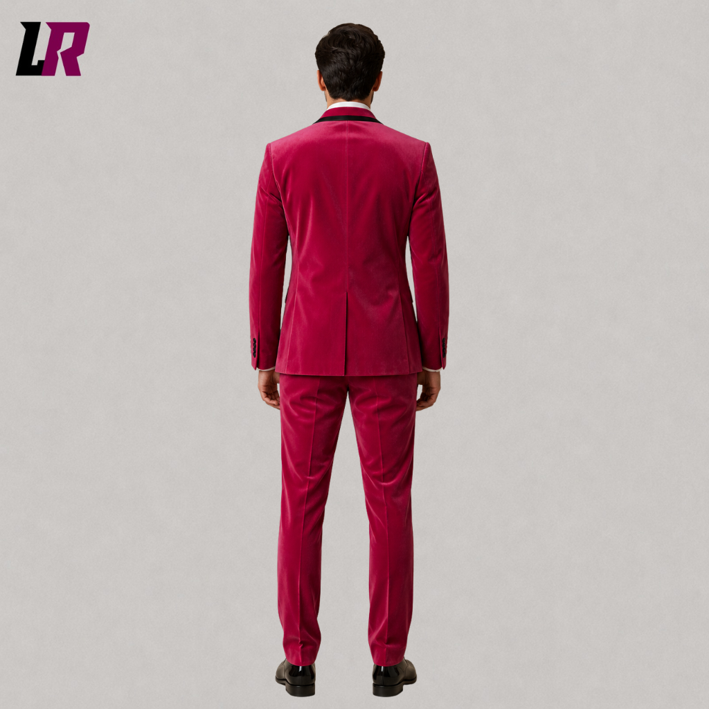Back view of a men's hot pink velvet formal tuxedo showing the elegant tailored silhouette