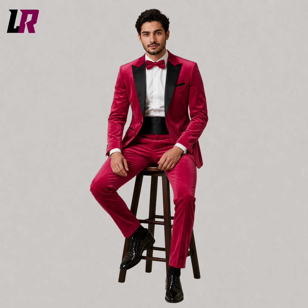 Man sitting on a stool wearing a hot pink velvet tuxedo with black satin lapels for weddings, prom, and luxury formal events