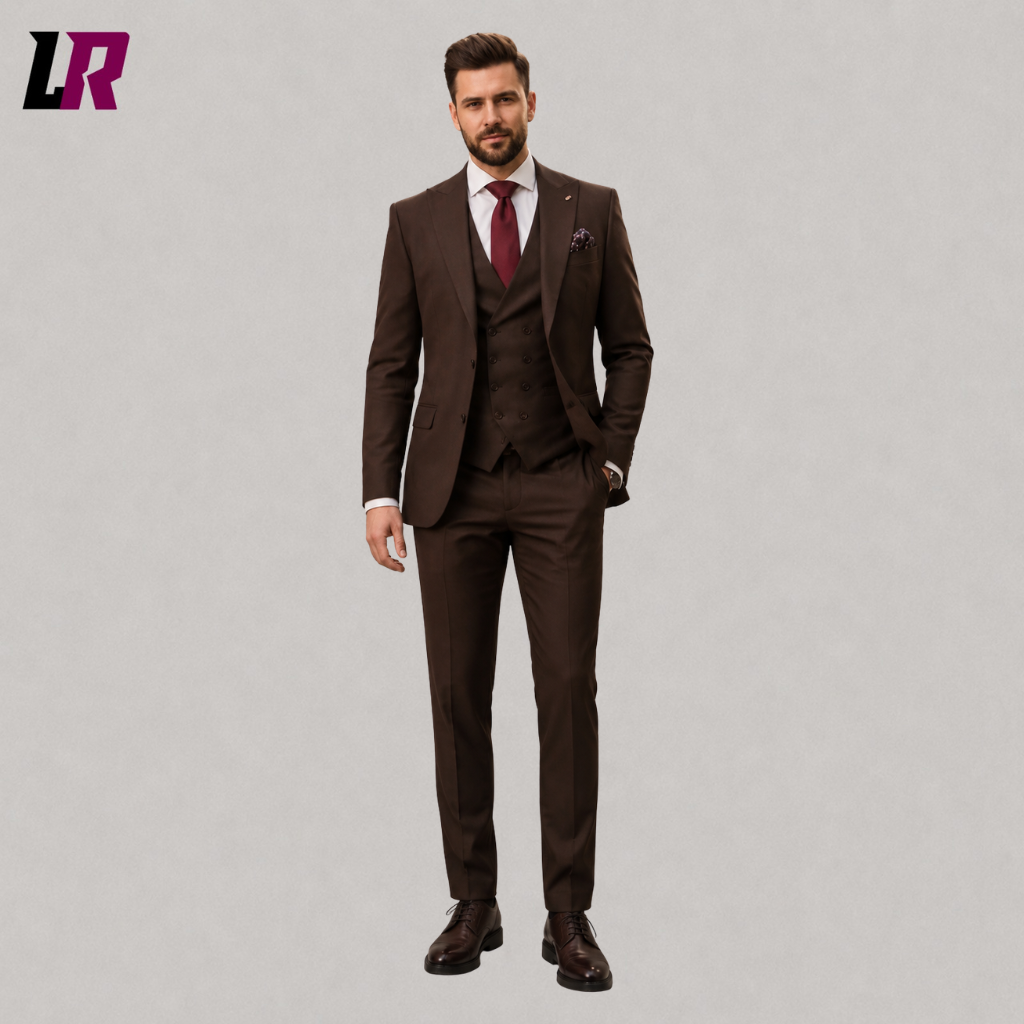 Front view of a men's handmade brown 3-piece suit with matching waistcoat and tailored trousers