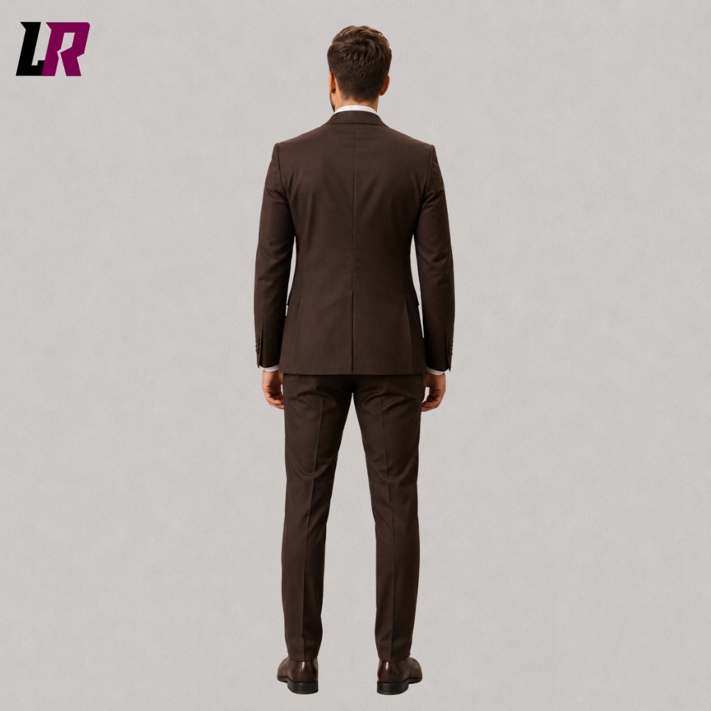 Back view of a custom brown formal suit showing the elegant tailored silhouette