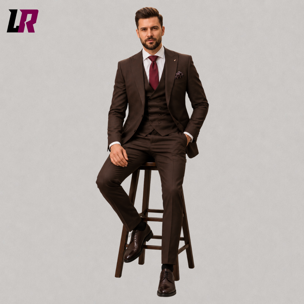 Man sitting on a stool wearing a handmade brown 3-piece suit for weddings and formal occasions